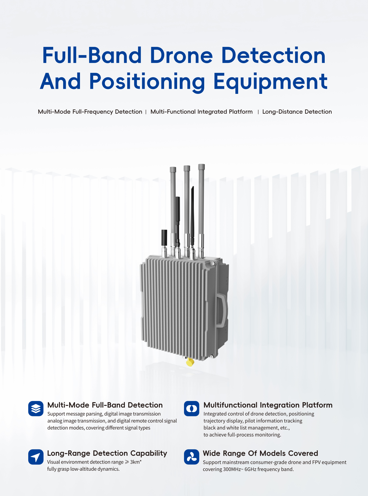 High-performance full-band drone detection and positioning system, designed for precise location tracking and signal jamming.
