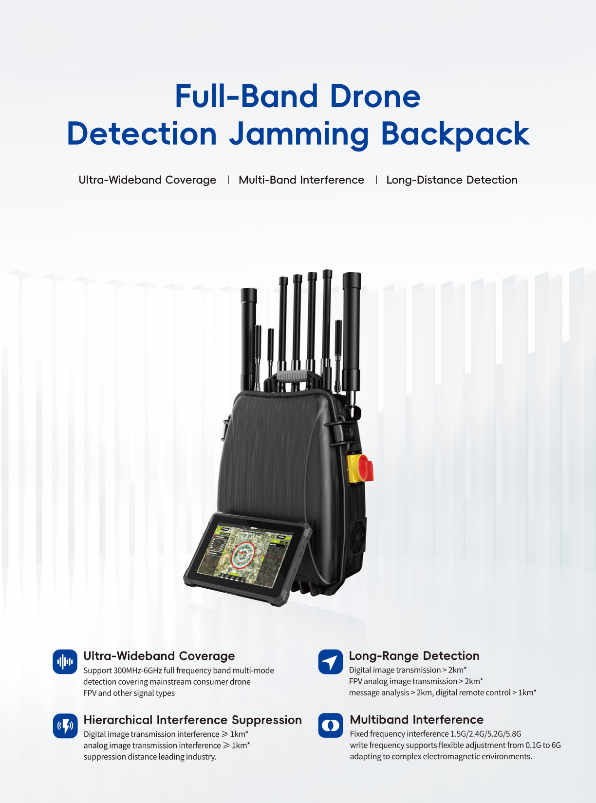 Full-band drone detection jamming backpack demonstrating ultra-wideband UAV signal detection with real-time protocol analysis for complex electromagnetic environments.