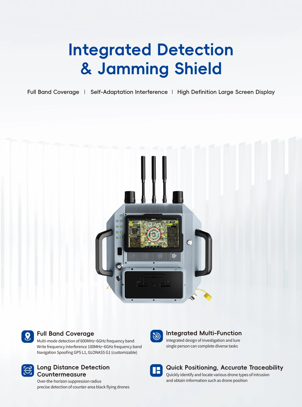 Integrated detection and jamming shield showcasing ultra-wideband suppression technolog for airport, event-site, and critical-infrastructure UAV defense.