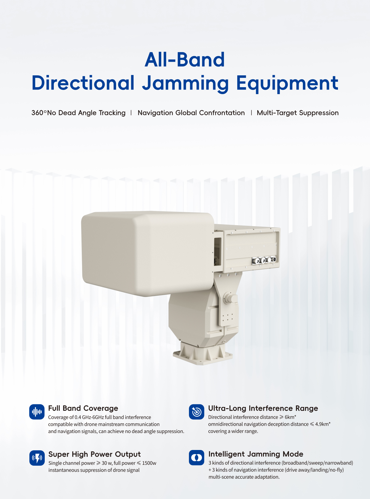 High-performance full-band directional jamming equipment designed for targeted signal interference across multiple frequency bands.