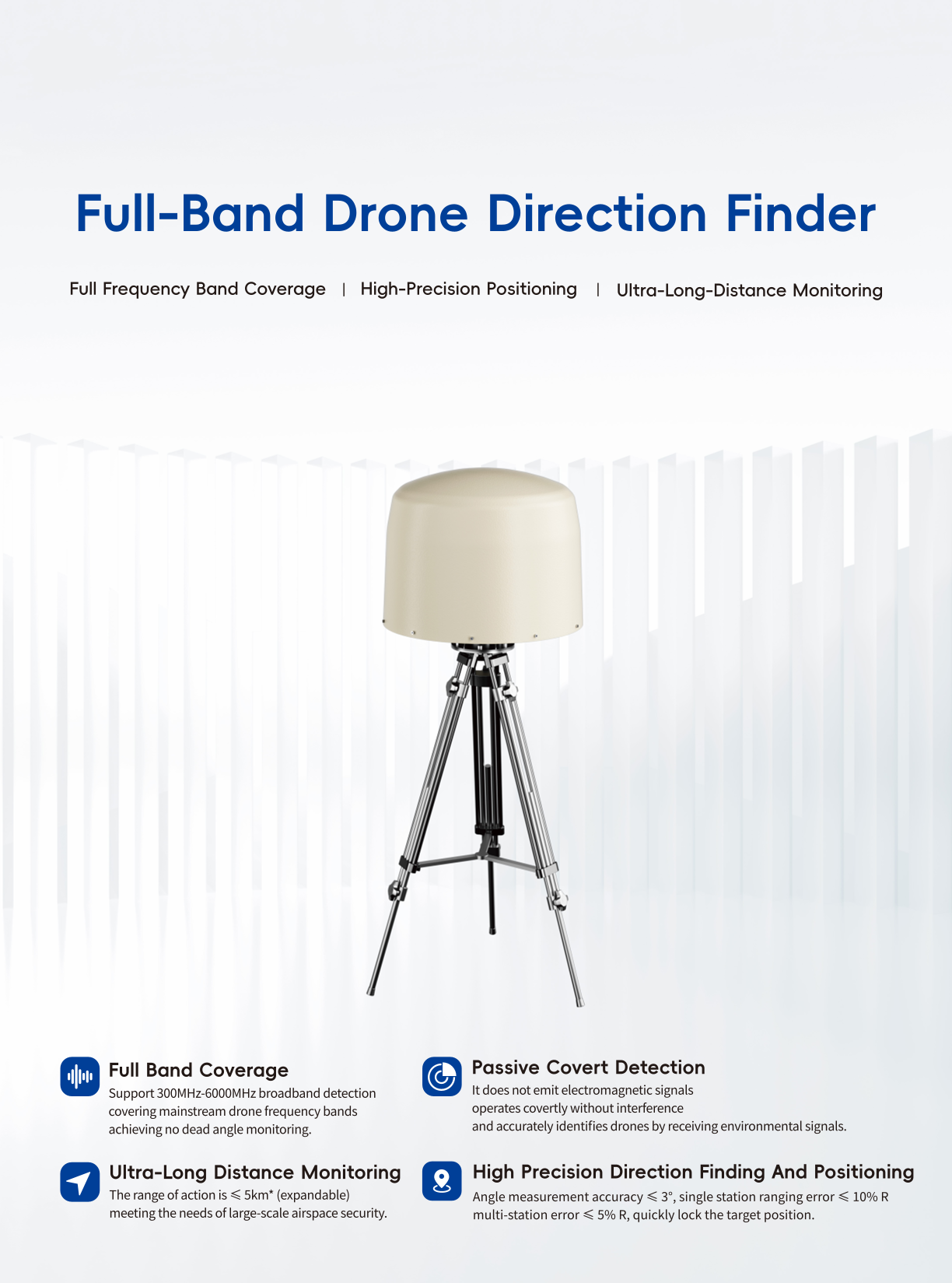 Full-band drone direction finder feature demonstrating real-time signal analysis, target tracking capability, and multi-band directional monitoring performance.