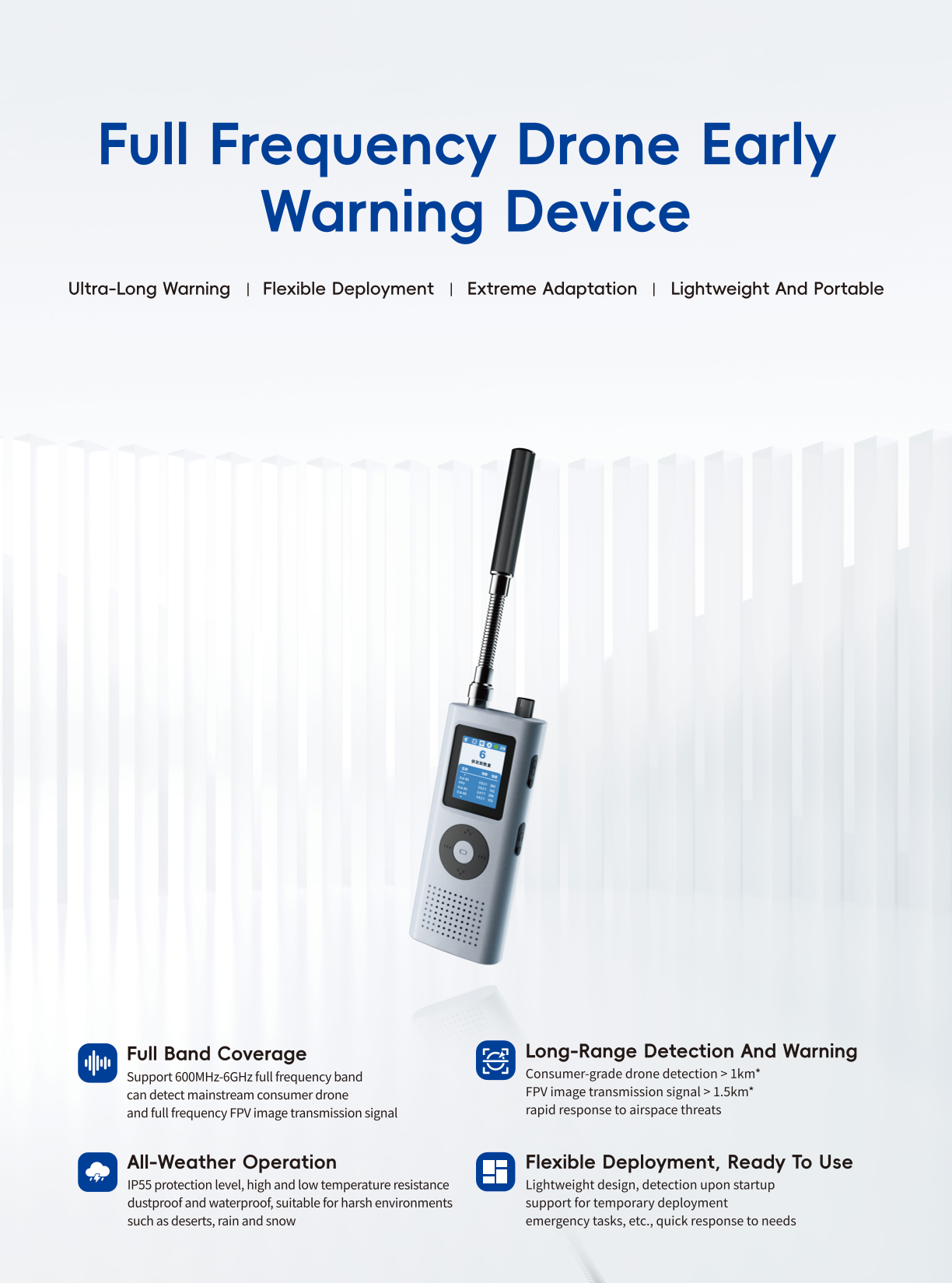Full frequency drone early warning device demonstrating long-range sensing, multi-band signal analysis, and continuous monitoring for low-altitude security.