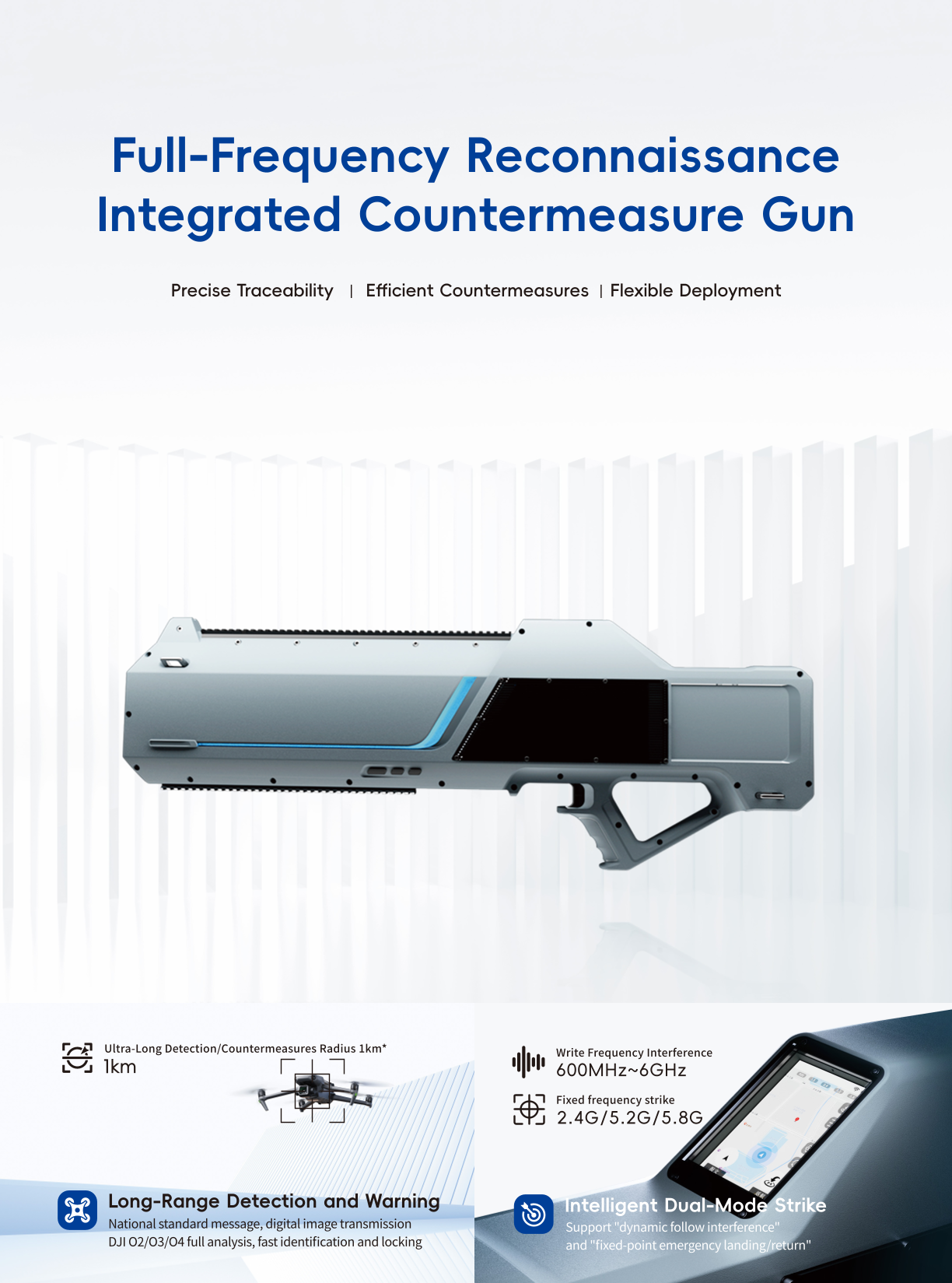 The full-frequency reconnaissance is integrated countermeasure gun featuring its dual-link 4 G and WiFi communication module, cloud-synchronized monitoring interface and multi-device collaborative control for field deployment.