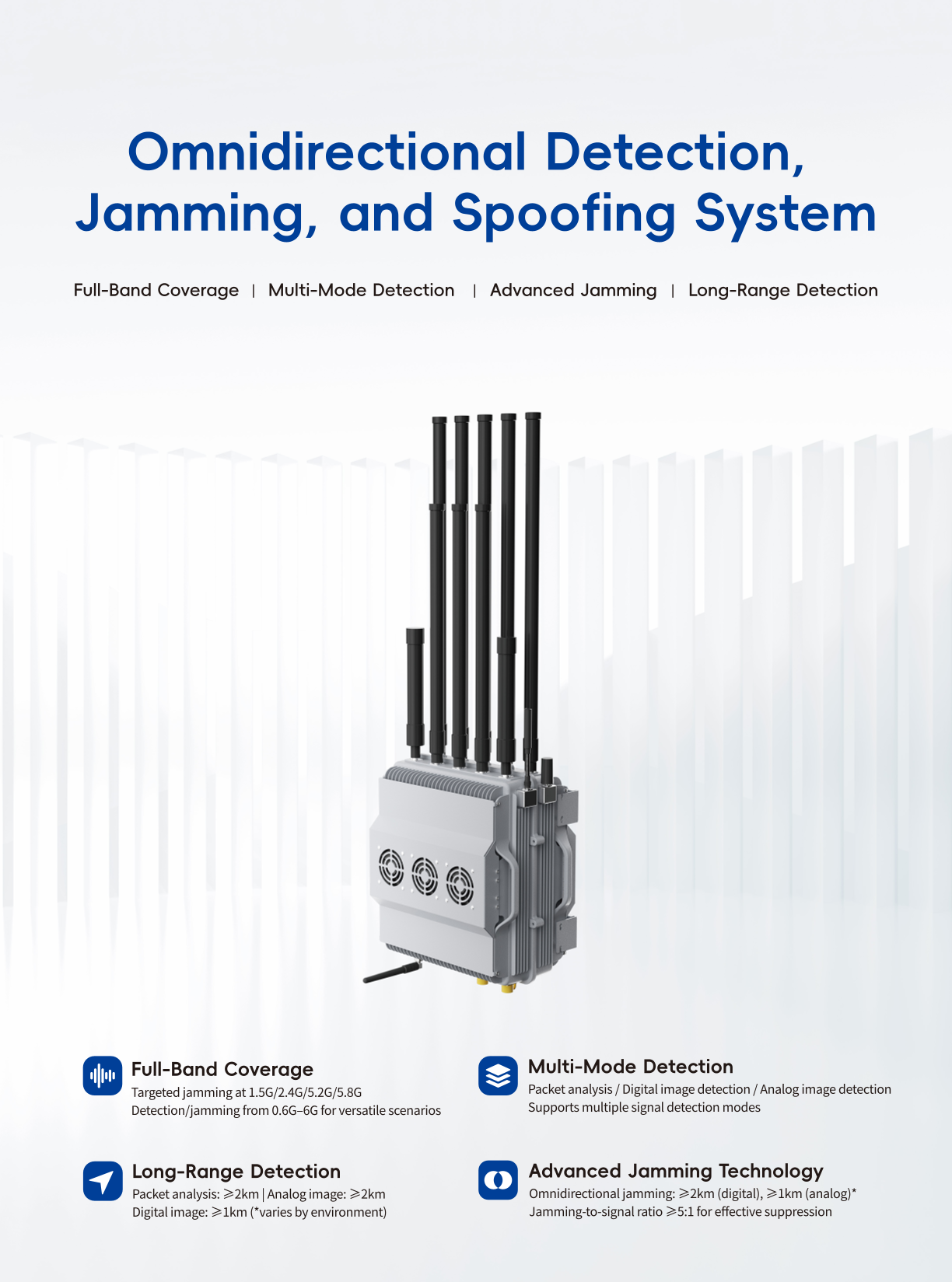 Omnidirectional detection jamming and decoy device showing full-band UAV signal detection and real-time threat identification.