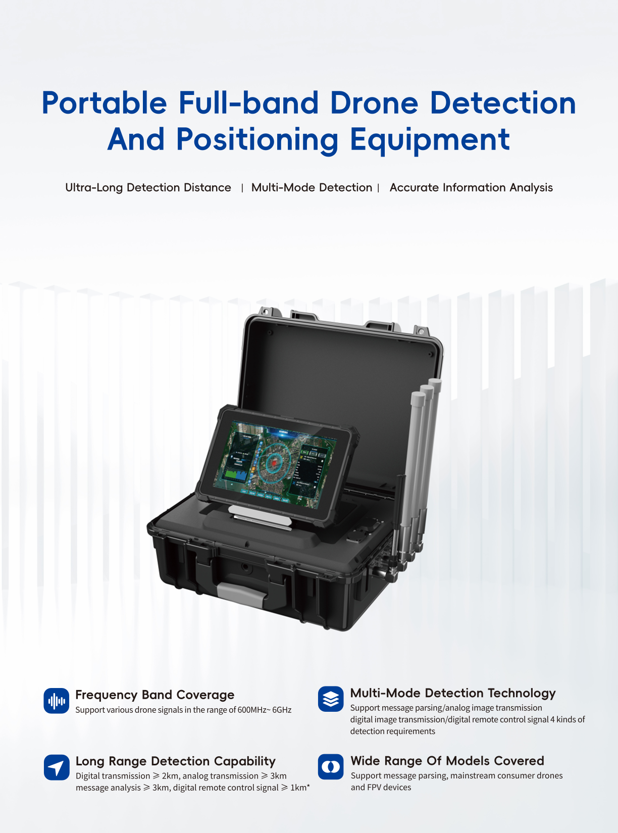 Mobile full-band drone detection system designed for easy transport and efficient real-time drone tracking.