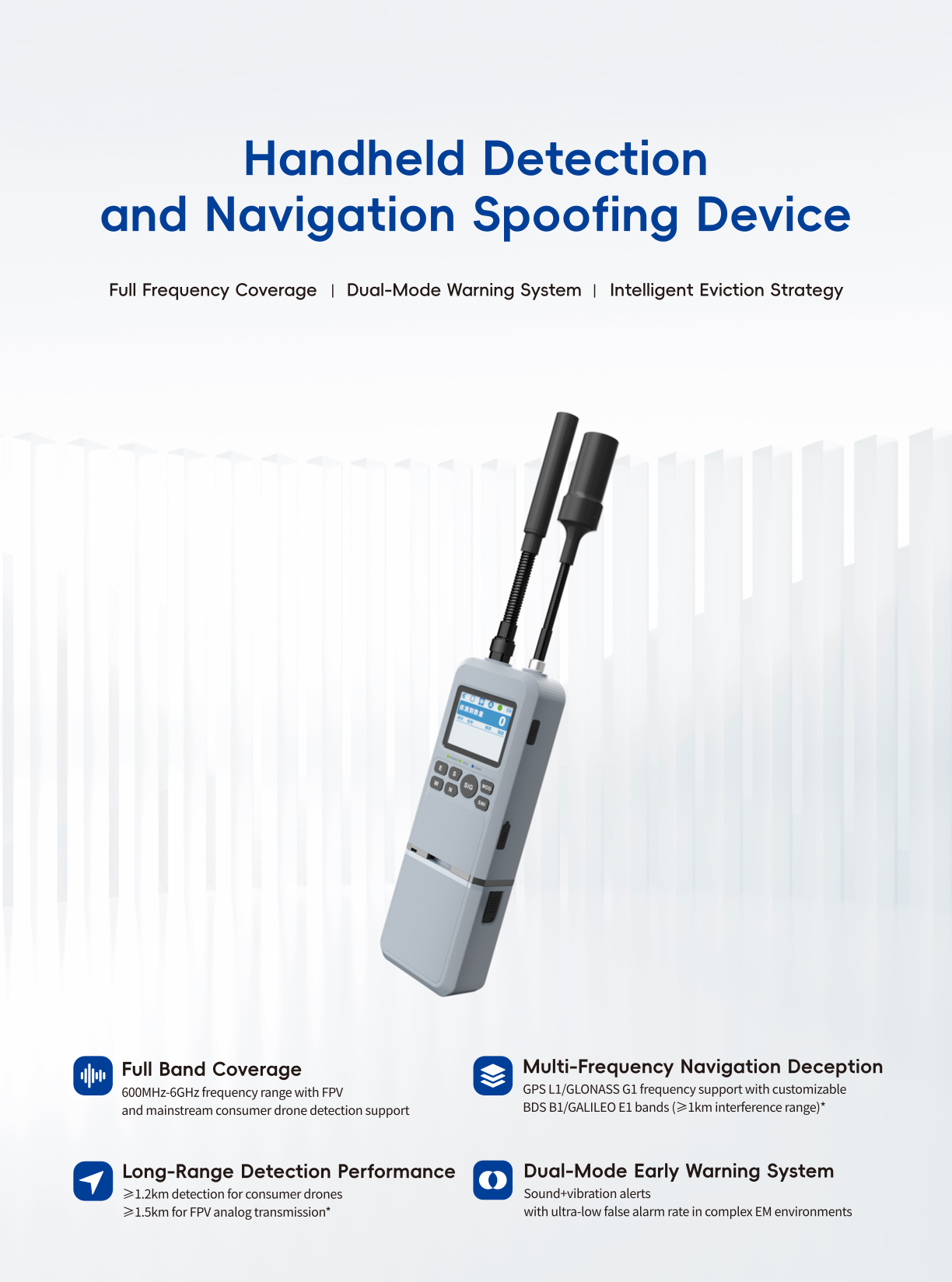 Handheld detection and navigation spoofing device demonstrating coordinate deception and line-of-sight jamming functions for fast UAV navigation control.