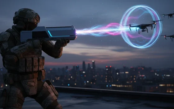 Drone countermeasure gun in action, illustrating how handheld C-UAS equipment disrupts and disables hostile drones.