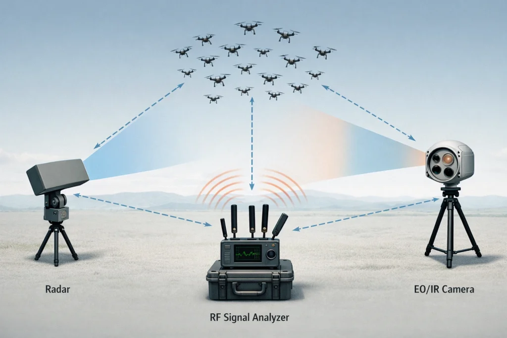 Detection technology for anti-drone swarm system showing multi-sensor radar, RF signal detection, and optical tracking identifying multiple drones simultaneously in complex airspace.