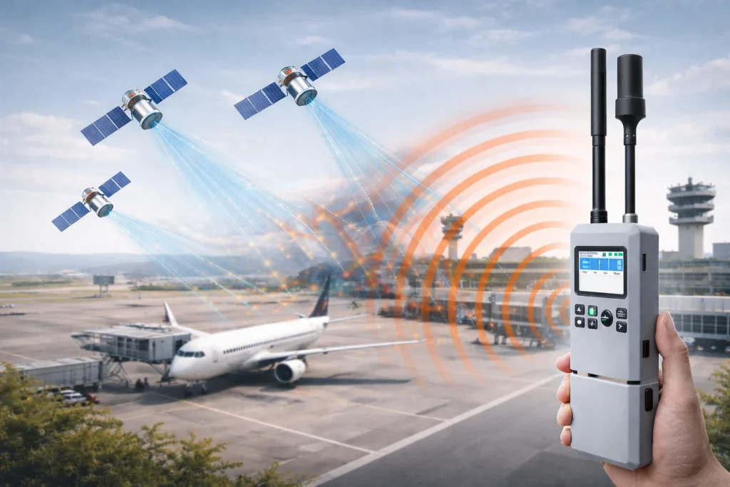 Portable anti-drone jamming device deployed at an airport, designed to disrupt drone navigation and communication signals to protect critical aviation airspace from unauthorized UAV intrusion.