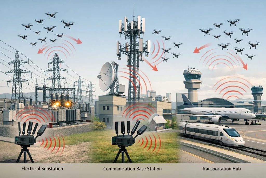 Drone swarm attack illustration showing coordinated low-altitude UAV threats.