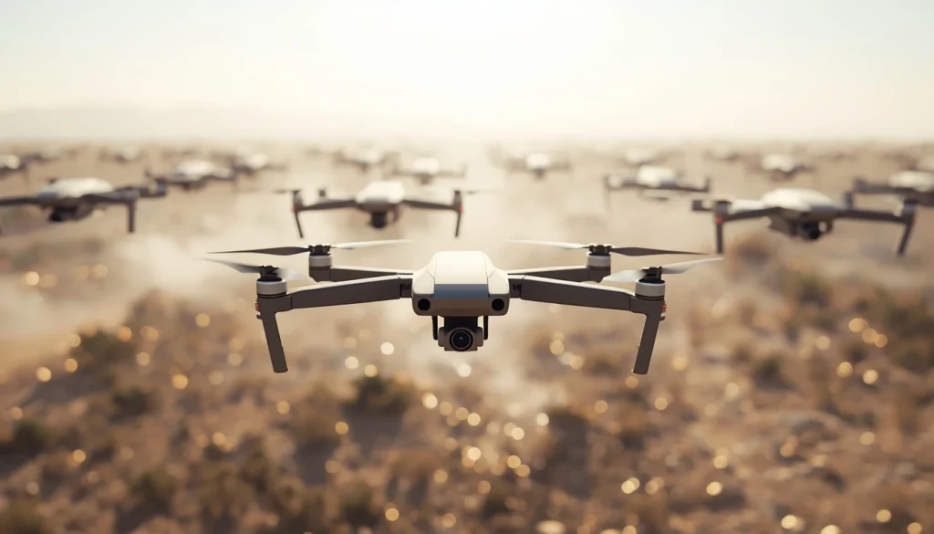 what is a drone swarm showing coordinated multiple UAVs flying in formation