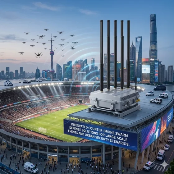 Anti-drone defense and electronic warfare equipment detecting and disrupting a large drone swarm over an urban landscape.