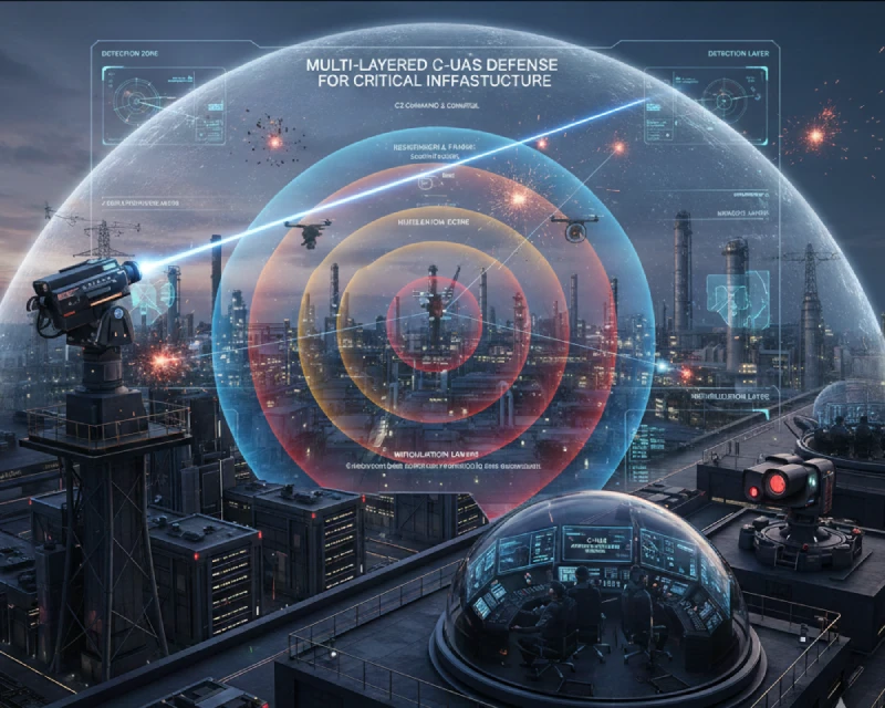 Multi-layer anti-drone defense system architecture showing detection, tracking, classification, and interdiction phases using technologies like radar, RF sensors, and jammers.