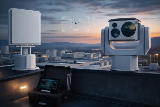 Counter-drone detection system on an industrial rooftop, featuring a phased array radar, EO/IR tracking camera, and a locked target drone in the sky at dusk. Counter-drone detection system on an industrial rooftop, featuring a phased array radar, EO/IR tracking camera, and a locked target drone in the sky at dusk.