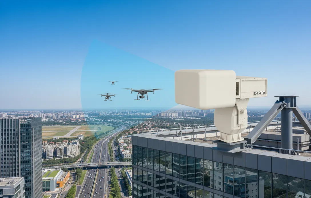 A directional drone jamming system actively intercepting unauthorized drones in the area, creating a controlled no-fly zone in a realistic security scenario.