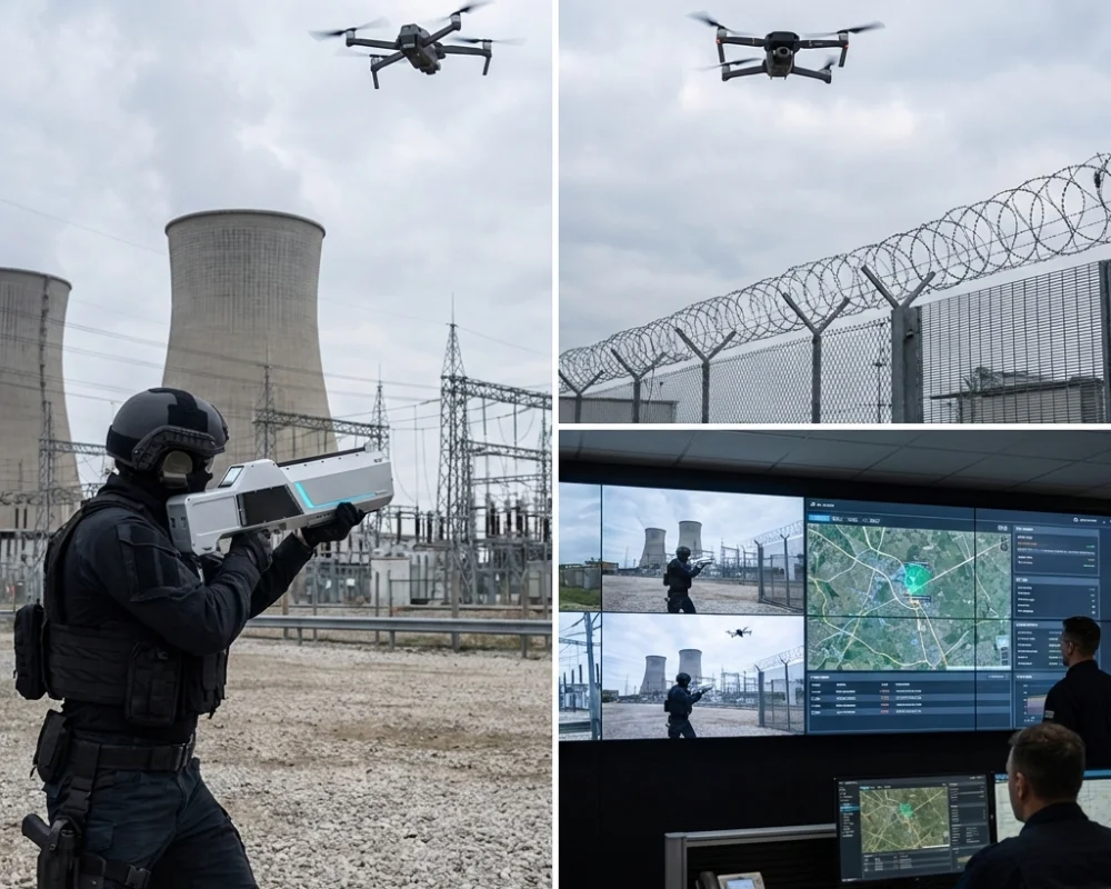 Security operator using an anti drone gun to drive out an unauthorized drone near a critical infrastructure power plant facility.
